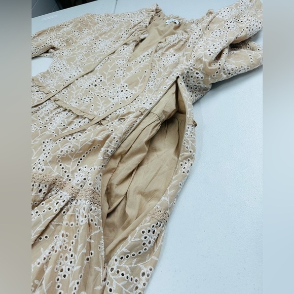 Chico's Eyelet Ruffle Neck Tiered Midi Dress Neutral - Picture 9 of 12